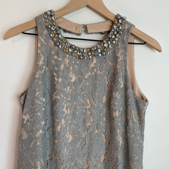 ELIZA J Grey Lace Dress With Jeweled Neckline | Size 6 | Wedding/Cocktail - Picture 5 of 15